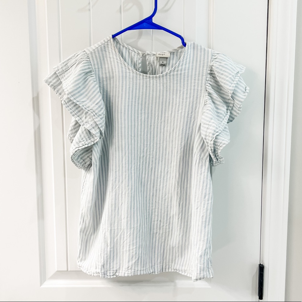 A New Day Blue and White Striped Linen Blouse Tiered Flutter Accent Sleeves